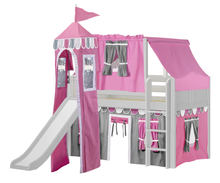 Maxtrix Twin Low Loft Bed with Straight Ladder, Slide, Top Tent, Underbed Curtain and Slide Tower (800 Lbs. Rating)