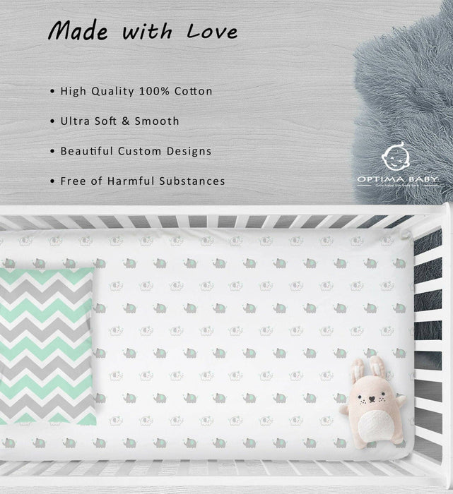 OptimaBaby 2PCS Pack Green Elephant Chevron Fitted Crib Sheets