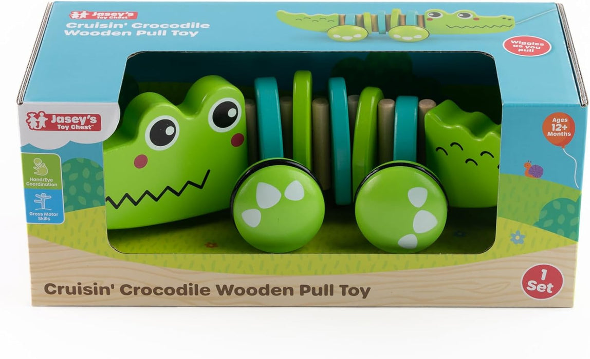 Jasey's Toy Chest Cruisin' Crocodile Wooden Pull Toy | Pull-Along Crocodile with Wiggly Zig-Zag Body, Chunky Wooden Wheels with Rubber Tread | for Toddlers Ages 12+ Months