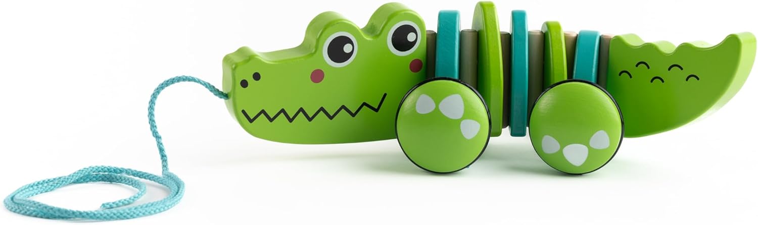 Jasey's Toy Chest Cruisin' Crocodile Wooden Pull Toy | Pull-Along Crocodile with Wiggly Zig-Zag Body, Chunky Wooden Wheels with Rubber Tread | for Toddlers Ages 12+ Months