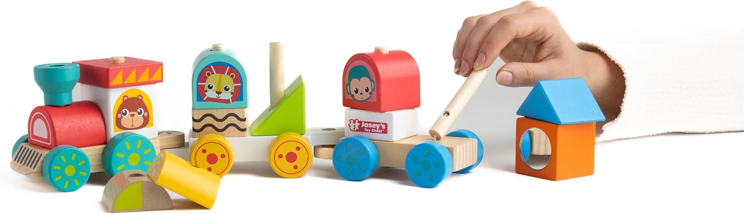 Jasey's Toy Chest Animal Friends Wooden Stacking Train | 16-Piece Train Set with 3 Interlocking Cars, 12 Colorful Double-Sided Animal Blocks | for Toddlers Ages 12+ Months