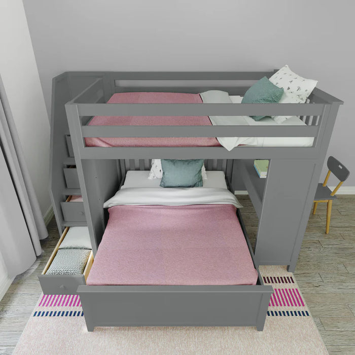 Jackpot Deluxe Full over Full L-Shape Bunk with Staircase + Desk