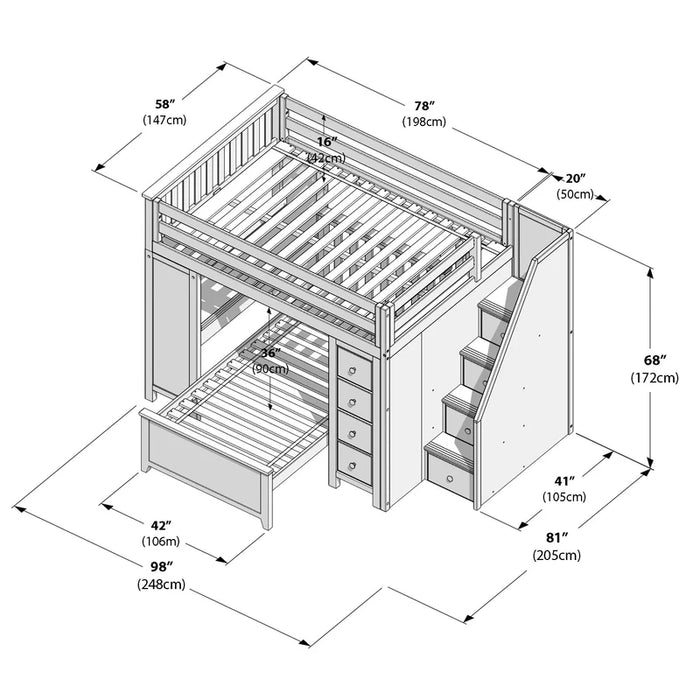 Jackpot Deluxe Full over Twin L-Shape Bunk with Staircase + Desk + Storage