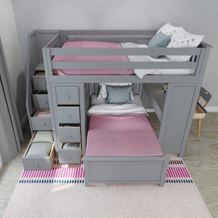 Jackpot Deluxe Full over Twin L-Shape Bunk with Staircase + Desk + Storage