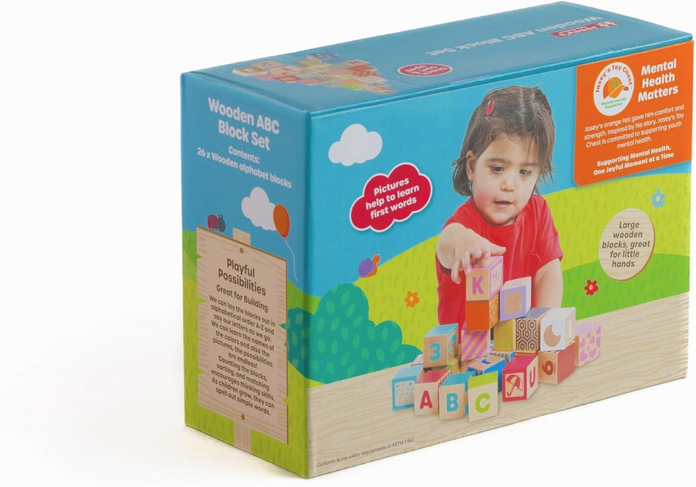 Jasey's Toy Chest 26-Piece Wooden ABC Block Set - Uppercase Letters, Numbers & Animal Matching - Chunky Wooden Blocks for Toddlers Ages 12+ Months