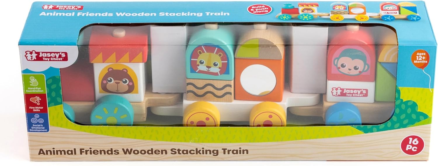 Jasey's Toy Chest Animal Friends Wooden Stacking Train | 16-Piece Train Set with 3 Interlocking Cars, 12 Colorful Double-Sided Animal Blocks | for Toddlers Ages 12+ Months