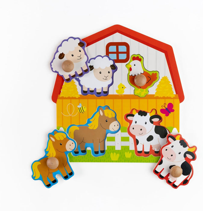 Jasey's Toy Chest Wooden Farm Easy-Grasp Peg Puzzle - 5-Piece Educational Toy Farm Animal Puzzle for Toddlers Ages 18+ Months