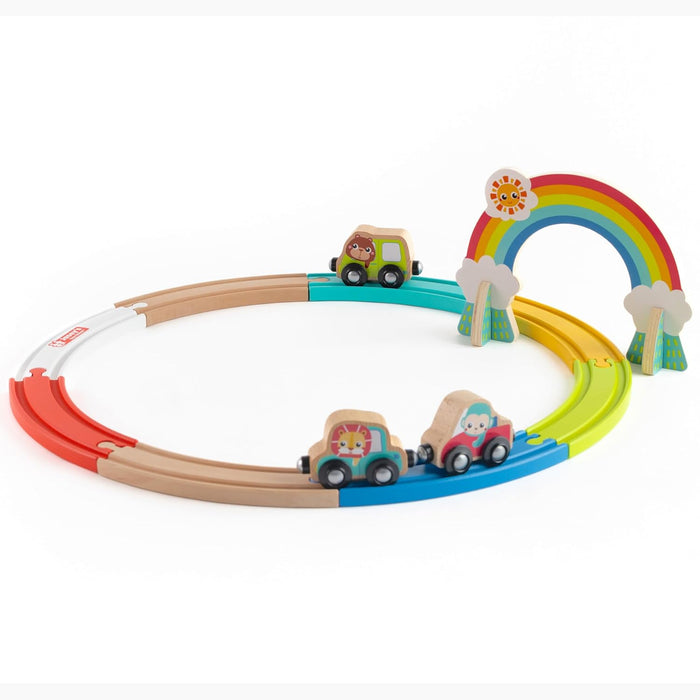 Jasey's Toy Chest Animal Friends Wooden Train Set | 12-Piece Set with Animal Cars, Rainbow Arch and Interlocking Track Pieces | Compatible with Other Wooden Train Sets | for Toddlers Ages 12+ Months