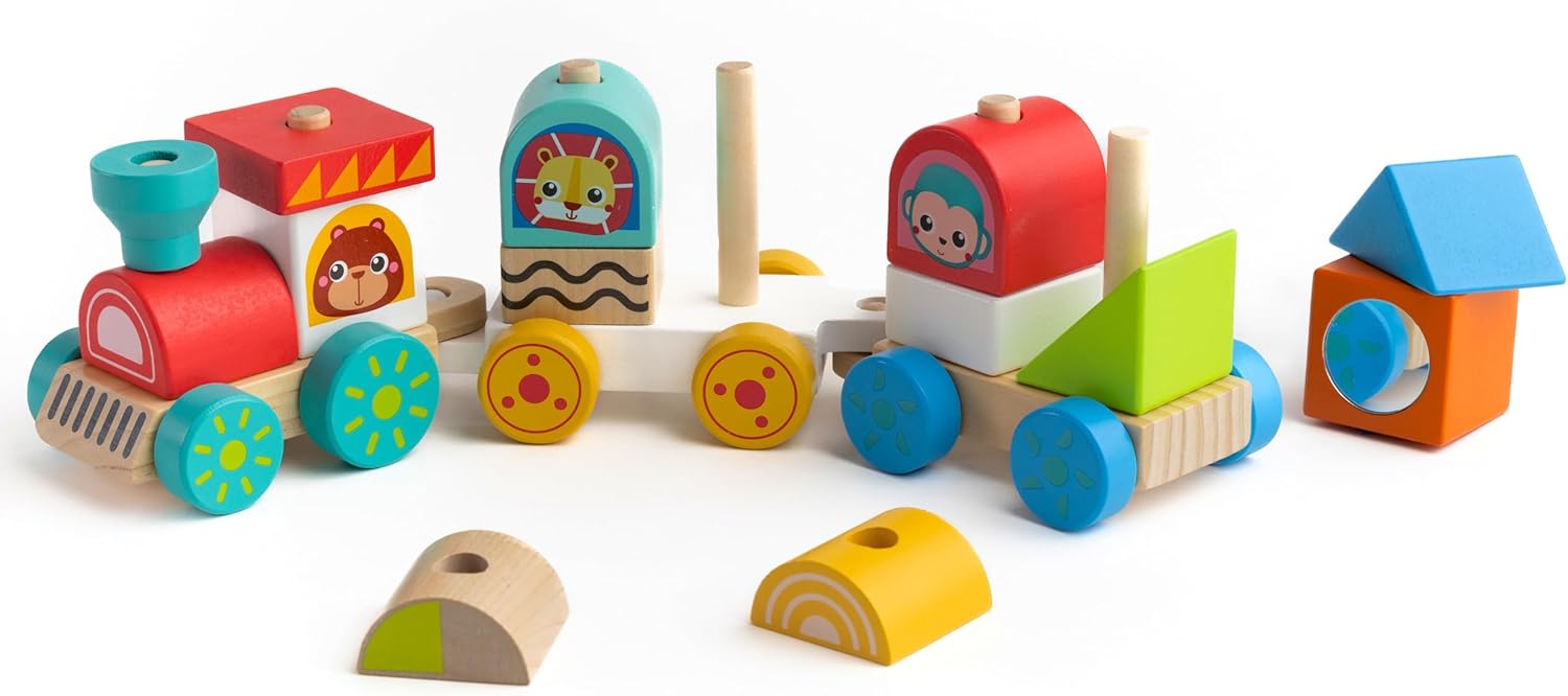 Jasey's Toy Chest Animal Friends Wooden Stacking Train | 16-Piece Train Set with 3 Interlocking Cars, 12 Colorful Double-Sided Animal Blocks | for Toddlers Ages 12+ Months