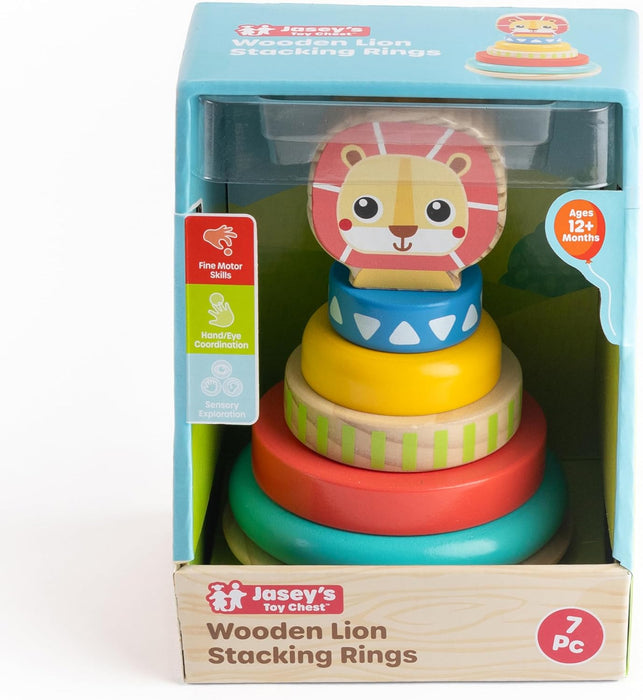 Jasey's Toy Chest Wooden Lion Stacking Rings | 7-Piece Wooden Stacker Toy with Colorful Rings & Lion Topper | Educational Toy for Toddlers Ages 12+ Months