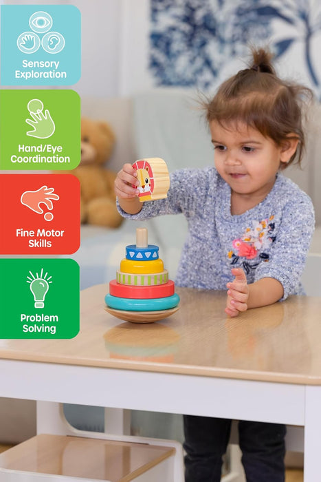 Jasey's Toy Chest Wooden Lion Stacking Rings | 7-Piece Wooden Stacker Toy with Colorful Rings & Lion Topper | Educational Toy for Toddlers Ages 12+ Months