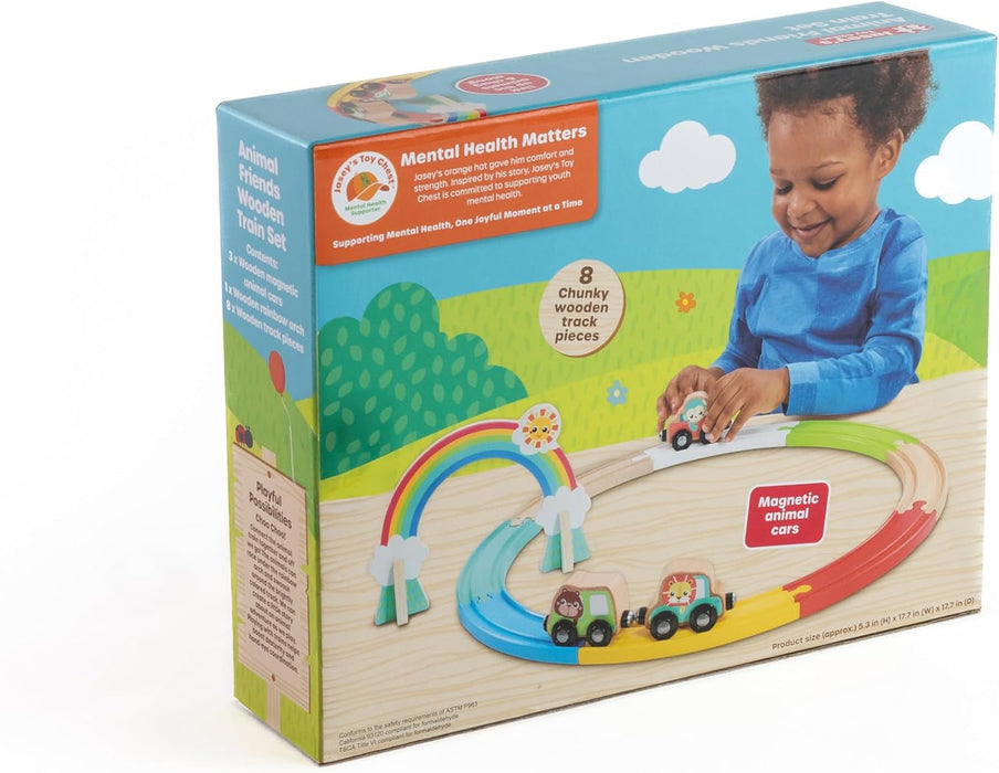 Jasey's Toy Chest Animal Friends Wooden Train Set | 12-Piece Set with Animal Cars, Rainbow Arch and Interlocking Track Pieces | Compatible with Other Wooden Train Sets | for Toddlers Ages 12+ Months