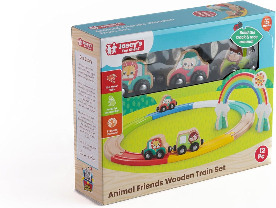 Jasey's Toy Chest Animal Friends Wooden Train Set | 12-Piece Set with Animal Cars, Rainbow Arch and Interlocking Track Pieces | Compatible with Other Wooden Train Sets | for Toddlers Ages 12+ Months