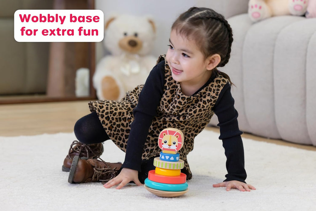 Jasey's Toy Chest Wooden Lion Stacking Rings | 7-Piece Wooden Stacker Toy with Colorful Rings & Lion Topper | Educational Toy for Toddlers Ages 12+ Months