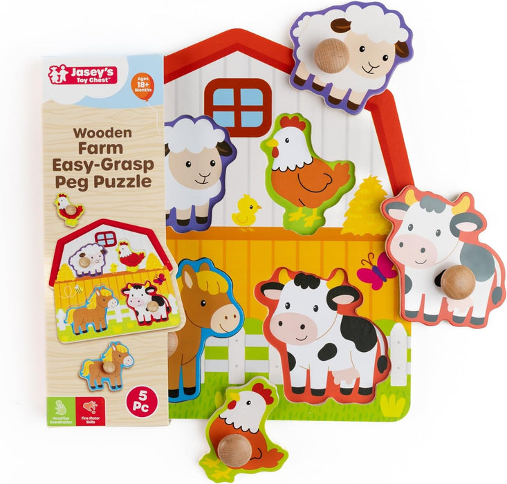 Jasey's Toy Chest Wooden Farm Easy-Grasp Peg Puzzle - 5-Piece Educational Toy Farm Animal Puzzle for Toddlers Ages 18+ Months