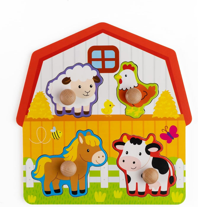 Jasey's Toy Chest Wooden Farm Easy-Grasp Peg Puzzle - 5-Piece Educational Toy Farm Animal Puzzle for Toddlers Ages 18+ Months