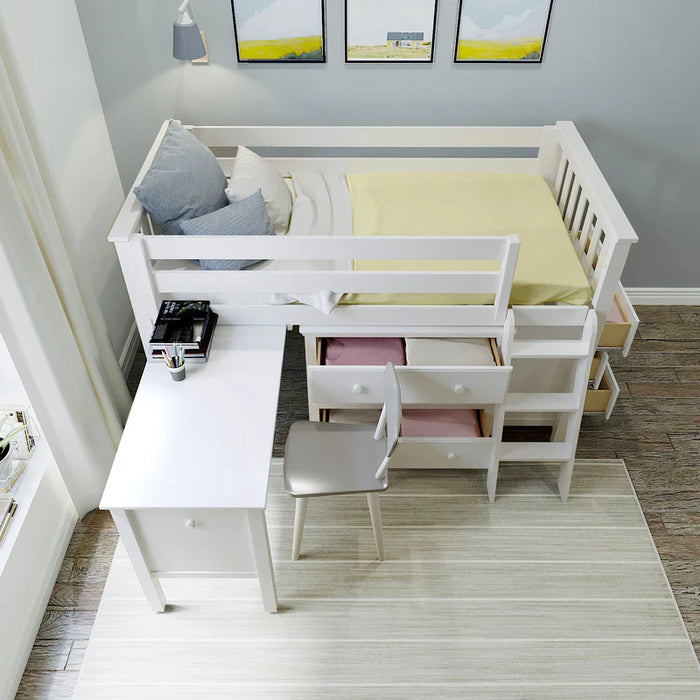 Jackpot Deluxe Twin Storage Loft Bed with Two Dressers and Desk