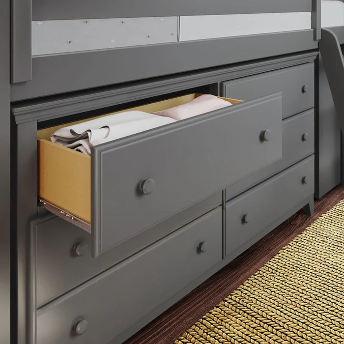 Jackpot Deluxe Twin Storage Loft Bed with Dresser and Bookcase