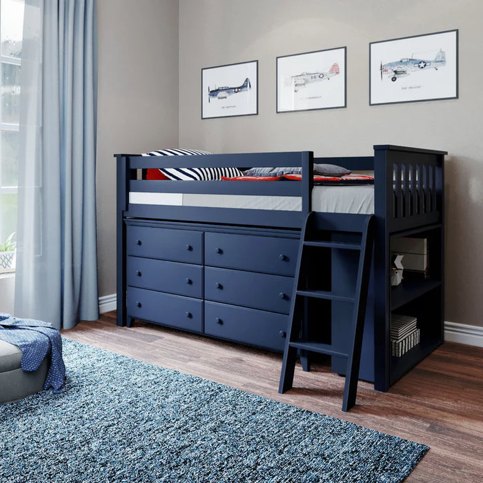 Jackpot Deluxe Twin Storage Loft Bed with Dresser and Bookcase