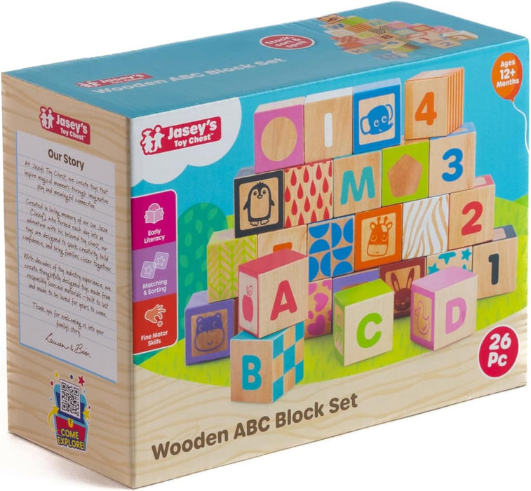 Jasey's Toy Chest 26-Piece Wooden ABC Block Set - Uppercase Letters, Numbers & Animal Matching - Chunky Wooden Blocks for Toddlers Ages 12+ Months
