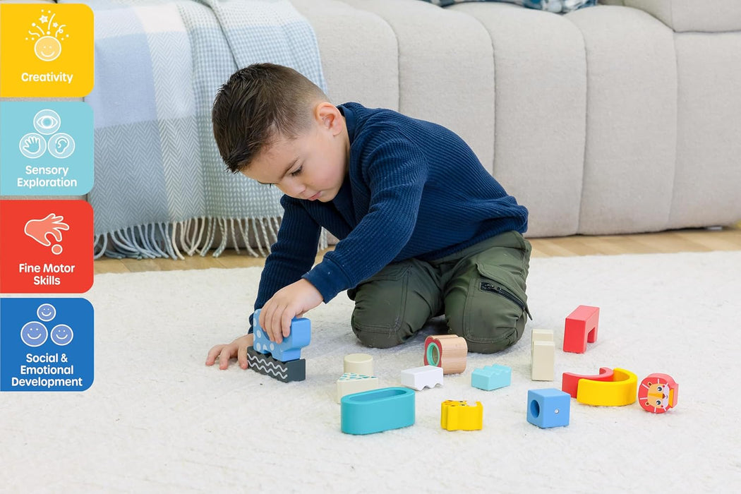 Jasey's Toy Chest Wooden Shape & Animal Blocks - 15-Piece Chunky Wooden Set with Rattle, Bell & Colorful Beads for Toddlers Ages 12+ Months