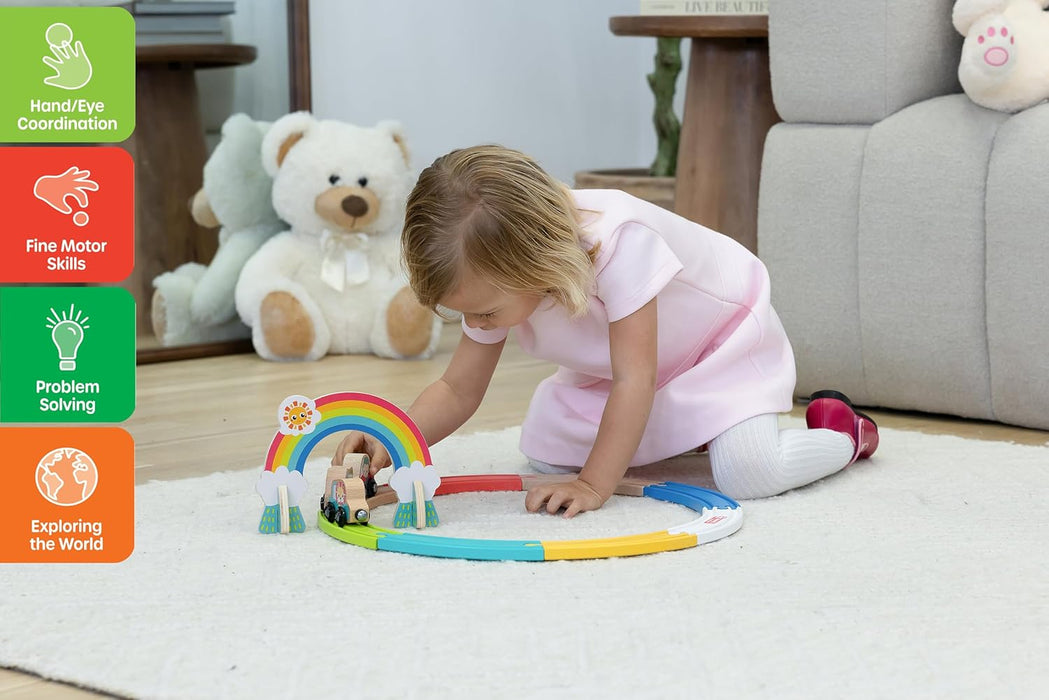 Jasey's Toy Chest Animal Friends Wooden Train Set | 12-Piece Set with Animal Cars, Rainbow Arch and Interlocking Track Pieces | Compatible with Other Wooden Train Sets | for Toddlers Ages 12+ Months