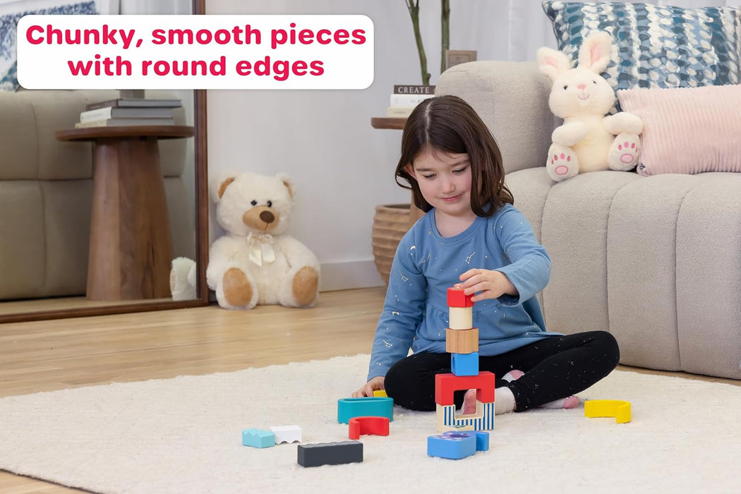 Jasey's Toy Chest Wooden Shape & Animal Blocks - 15-Piece Chunky Wooden Set with Rattle, Bell & Colorful Beads for Toddlers Ages 12+ Months