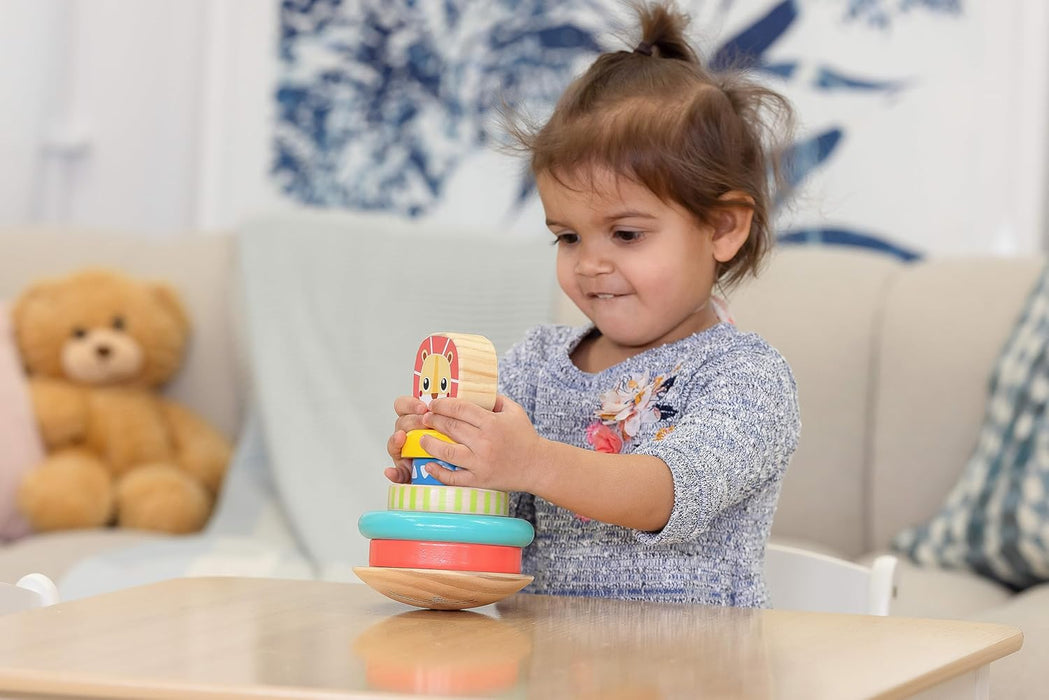 Jasey's Toy Chest Wooden Lion Stacking Rings | 7-Piece Wooden Stacker Toy with Colorful Rings & Lion Topper | Educational Toy for Toddlers Ages 12+ Months