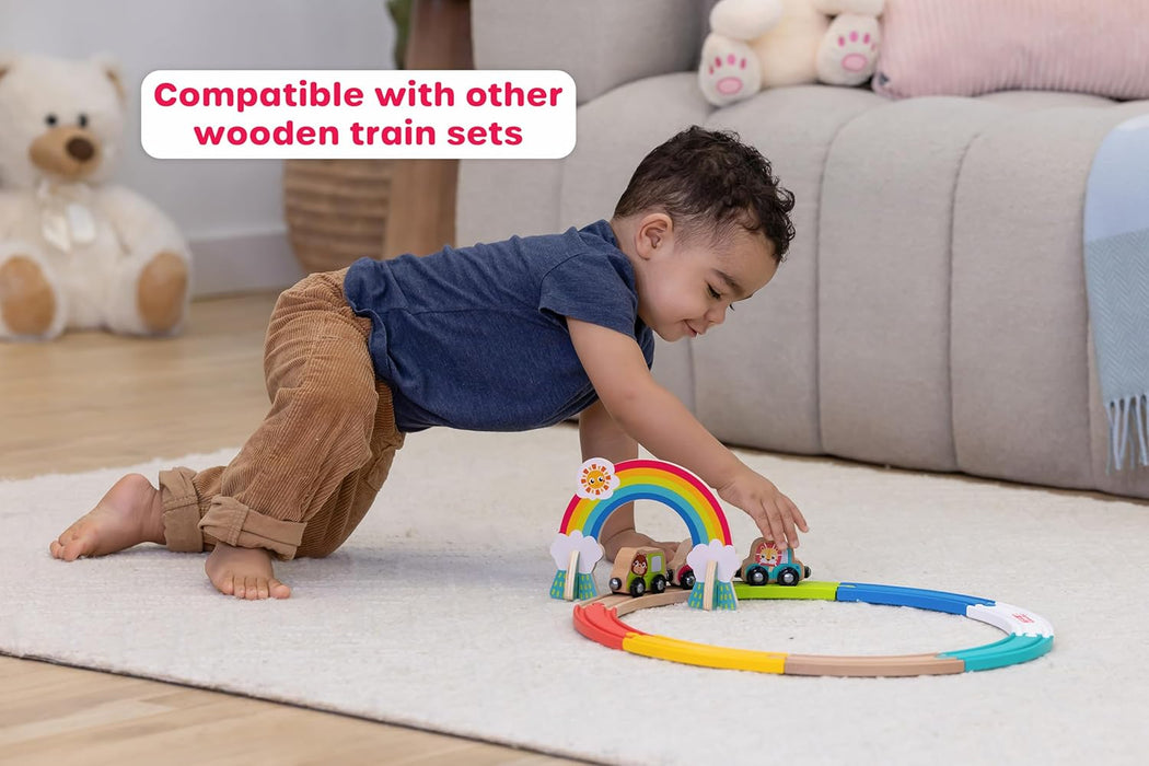 Jasey's Toy Chest Animal Friends Wooden Train Set | 12-Piece Set with Animal Cars, Rainbow Arch and Interlocking Track Pieces | Compatible with Other Wooden Train Sets | for Toddlers Ages 12+ Months
