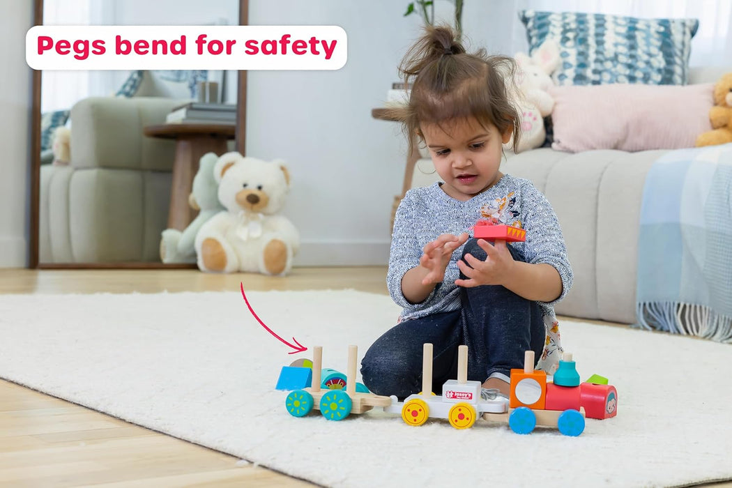 Jasey's Toy Chest Animal Friends Wooden Stacking Train | 16-Piece Train Set with 3 Interlocking Cars, 12 Colorful Double-Sided Animal Blocks | for Toddlers Ages 12+ Months