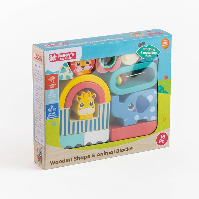 Jasey's Toy Chest Wooden Shape & Animal Blocks - 15-Piece Chunky Wooden Set with Rattle, Bell & Colorful Beads for Toddlers Ages 12+ Months