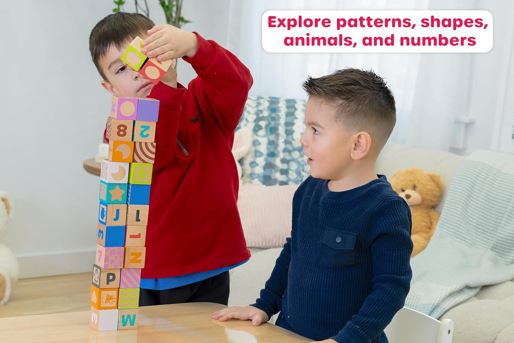 Jasey's Toy Chest 26-Piece Wooden ABC Block Set - Uppercase Letters, Numbers & Animal Matching - Chunky Wooden Blocks for Toddlers Ages 12+ Months