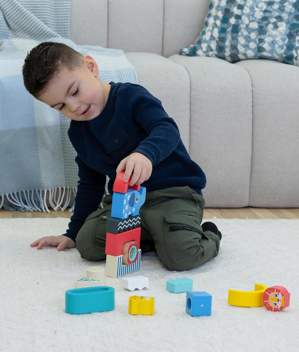 Jasey's Toy Chest Wooden Shape & Animal Blocks - 15-Piece Chunky Wooden Set with Rattle, Bell & Colorful Beads for Toddlers Ages 12+ Months