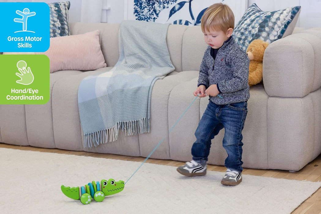 Jasey's Toy Chest Cruisin' Crocodile Wooden Pull Toy | Pull-Along Crocodile with Wiggly Zig-Zag Body, Chunky Wooden Wheels with Rubber Tread | for Toddlers Ages 12+ Months
