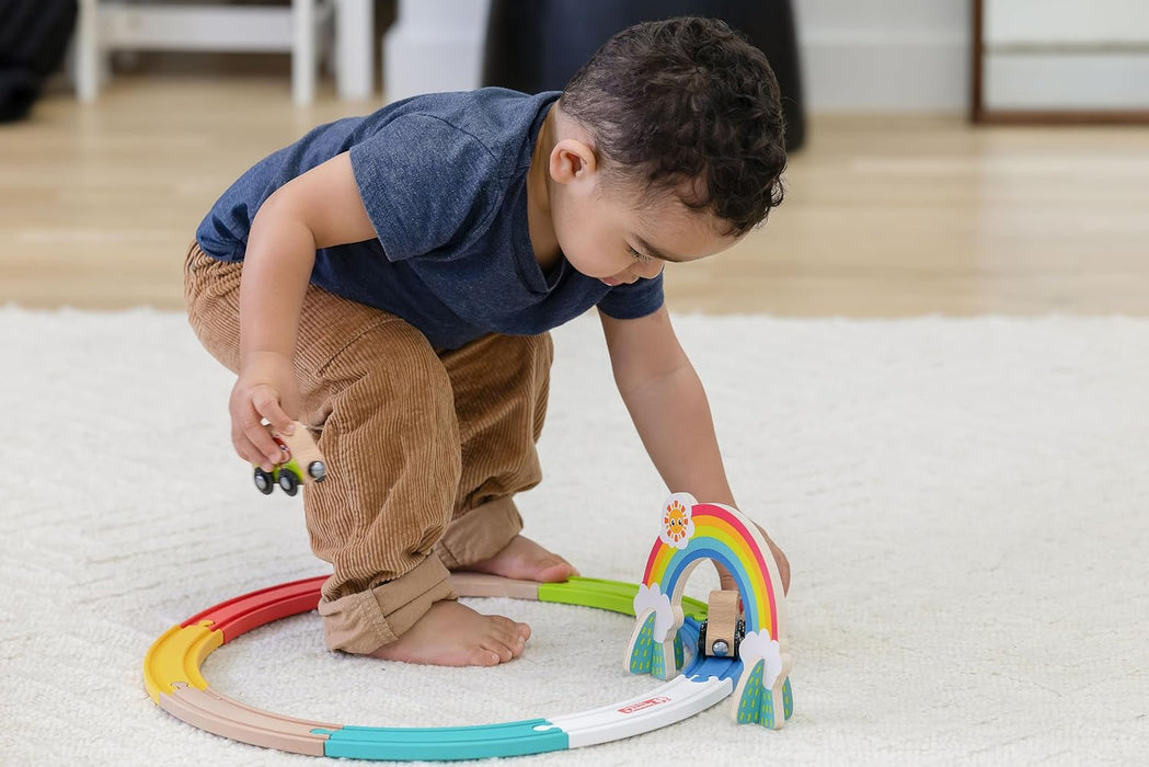 Jasey's Toy Chest Animal Friends Wooden Train Set | 12-Piece Set with Animal Cars, Rainbow Arch and Interlocking Track Pieces | Compatible with Other Wooden Train Sets | for Toddlers Ages 12+ Months