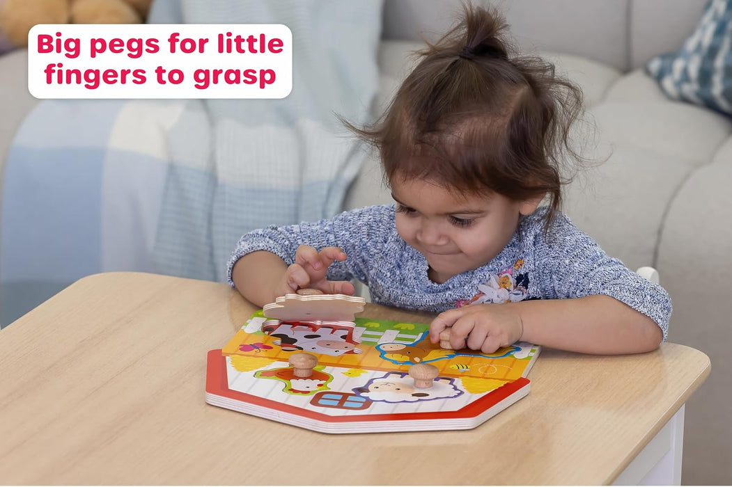 Jasey's Toy Chest Wooden Farm Easy-Grasp Peg Puzzle - 5-Piece Educational Toy Farm Animal Puzzle for Toddlers Ages 18+ Months