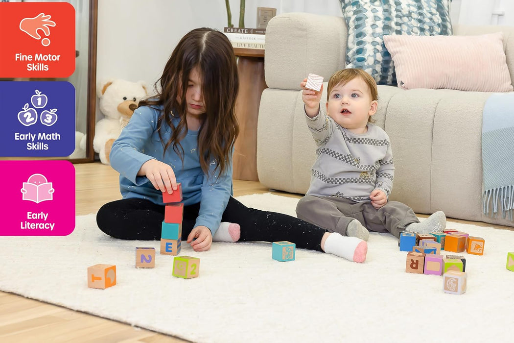Jasey's Toy Chest 26-Piece Wooden ABC Block Set - Uppercase Letters, Numbers & Animal Matching - Chunky Wooden Blocks for Toddlers Ages 12+ Months