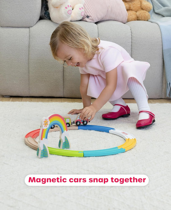 Jasey's Toy Chest Animal Friends Wooden Train Set | 12-Piece Set with Animal Cars, Rainbow Arch and Interlocking Track Pieces | Compatible with Other Wooden Train Sets | for Toddlers Ages 12+ Months