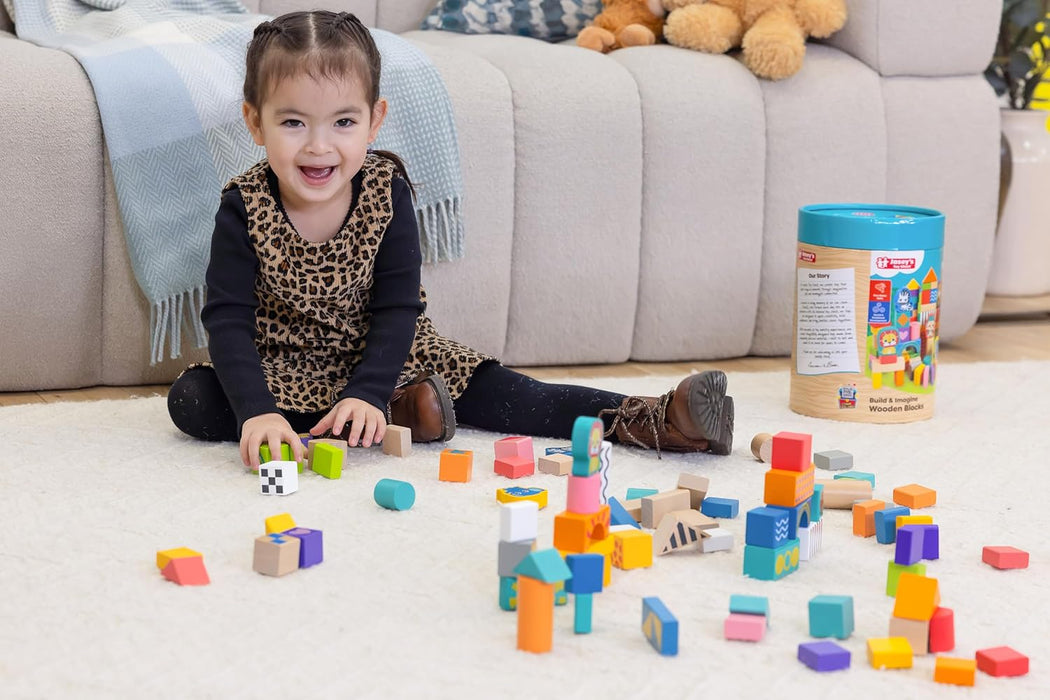Jasey's Toy Chest Build & Imagine Wooden Blocks | 80-Piece Educational Building Set with Animal & Shape Blocks | Toddlers Ages 12+ Months