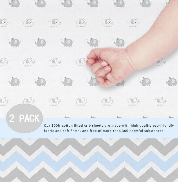 OptimaBaby 2PCS Pack BLue Elephant Chevron Fitted Crib Sheets