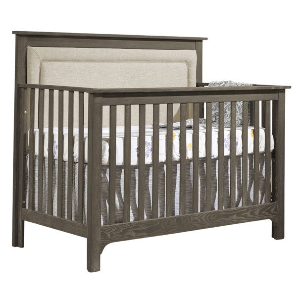 Nest Emerson “5-in-1” Convertible Crib with Channel Tufted Upholstered Headboard Panel in Talc