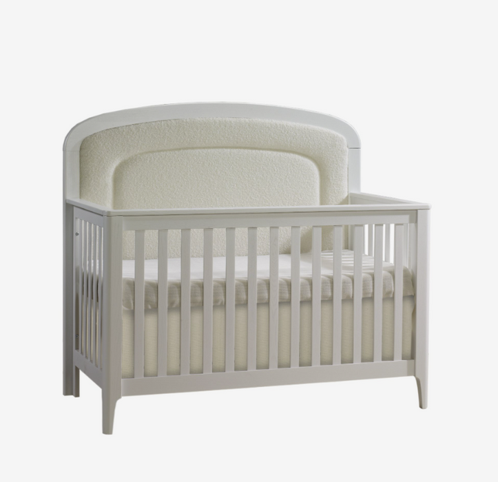 Natart Palo “5-in-1” Convertible Crib with Bouclé Beige Upholstered headboard panel