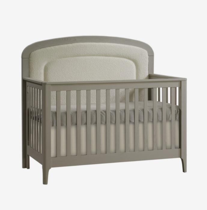 Natart Palo “5-in-1” Convertible Crib with Bouclé Beige Upholstered headboard panel