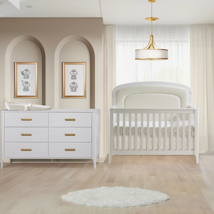 Natart Palo “5-in-1” Convertible Crib with Bouclé Beige Upholstered headboard panel