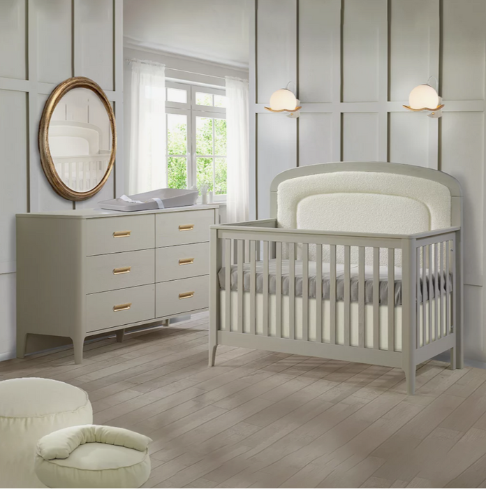 Natart Palo “5-in-1” Convertible Crib with Bouclé Beige Upholstered headboard panel