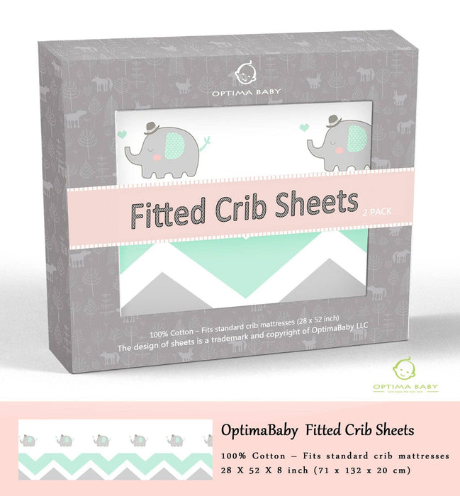 OptimaBaby 2PCS Pack Green Elephant Chevron Fitted Crib Sheets
