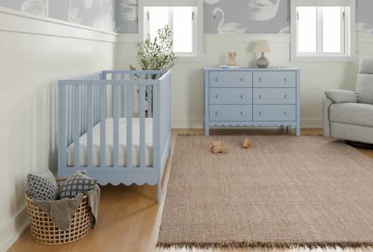 Clearance Floor Model Davinci Powder Blue Sammy Scallop 4-in-1 Crib, Dresser, Changing Tray, Contour Pad