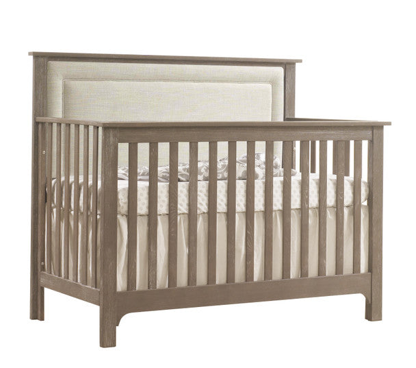 Nest Emerson “5-in-1” Convertible Crib with Channel Tufted Upholstered Headboard Panel in Talc