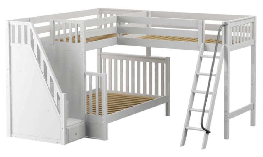 Maxtrix Twin over Full + Twin High Corner Loft Bunk with Angled Ladder and Stairs on Left (800 Lbs. Rating)