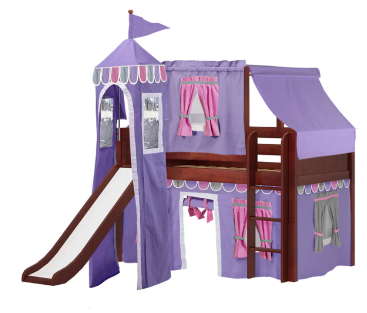 Maxtrix Twin Low Loft Bed with Straight Ladder, Slide, Top Tent, Underbed Curtain and Slide Tower (800 Lbs. Rating)